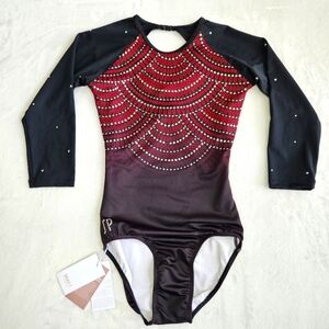 Sylvia P Black Red Rhinestone Criss Cross Back Leotard Adult Extra Small XS 3Q